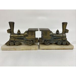 Vintage MCM Park Sherman Brass & Marble Train Steam Locomotive Bookends